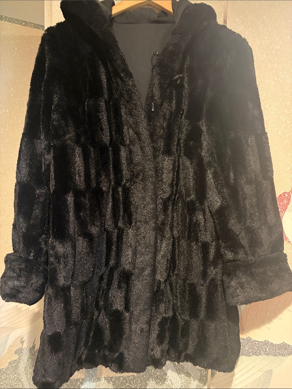 Dennis Basso Reversible Women's Black Faux Fur Hooded Coat - Luxurious Warmth